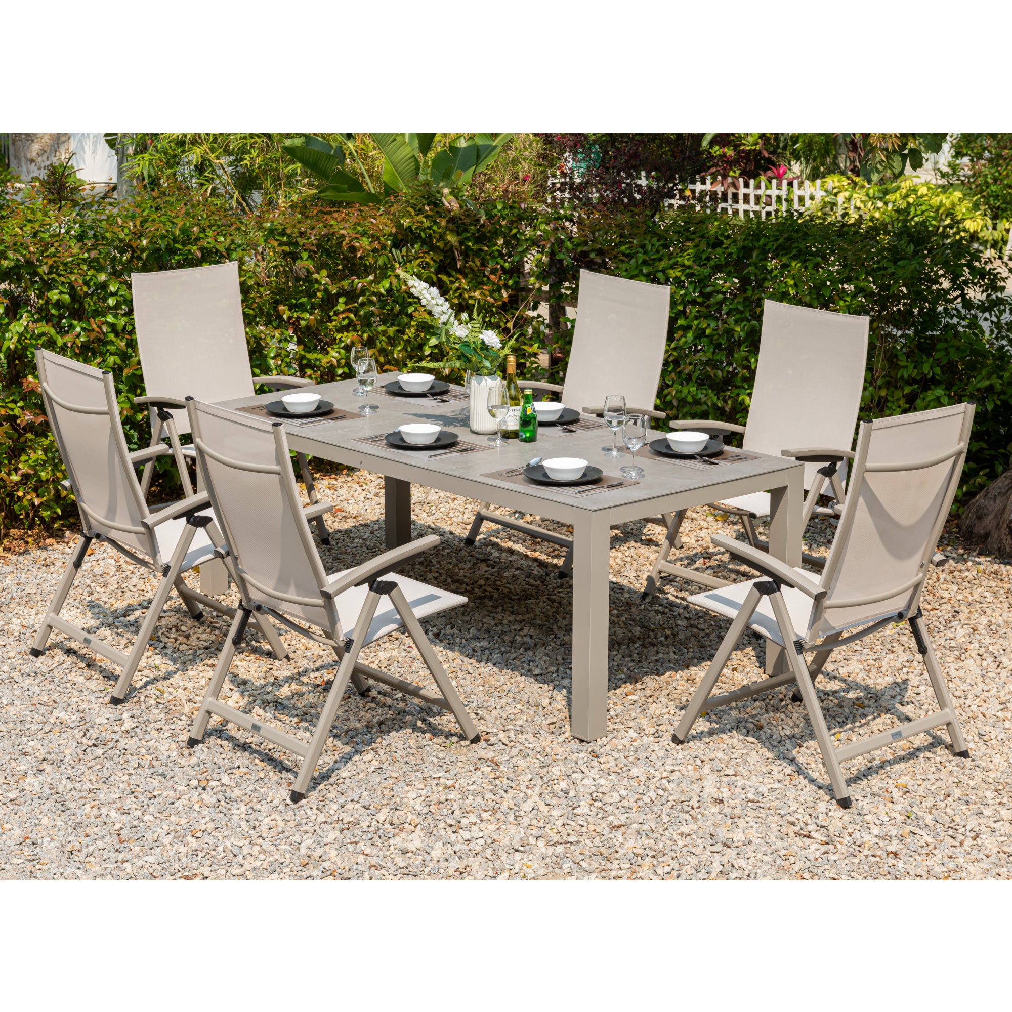 TRENDALARM: 7 tlg. Aluminium Essgruppe Madri + Avantage, bestehend aus: Tisch Madri + 6x Klappsessel Avantage creme beige / moon