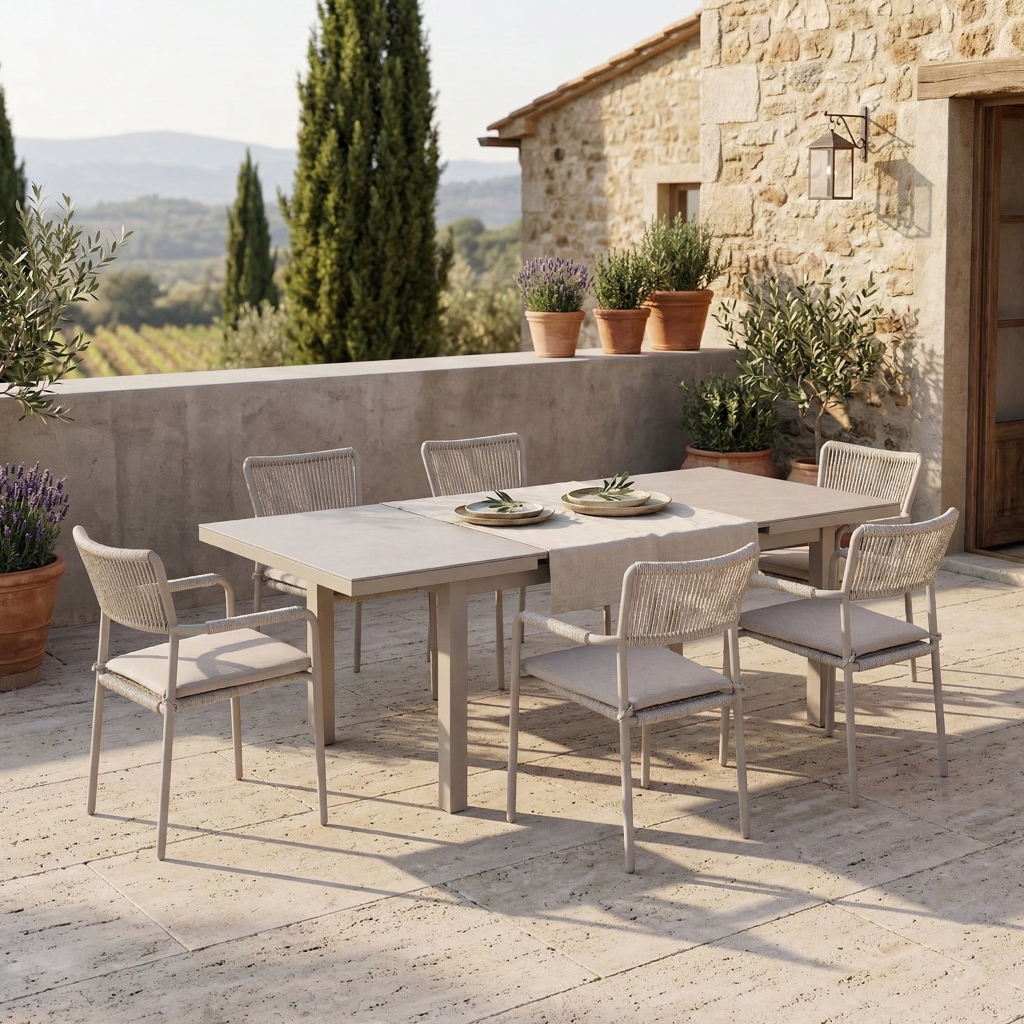 ☀️Summer Deal !☀️ 13 tlg. Premium Essgruppe Madri / 6x Stapelsessel & Sintered Stone Ausziehtisch