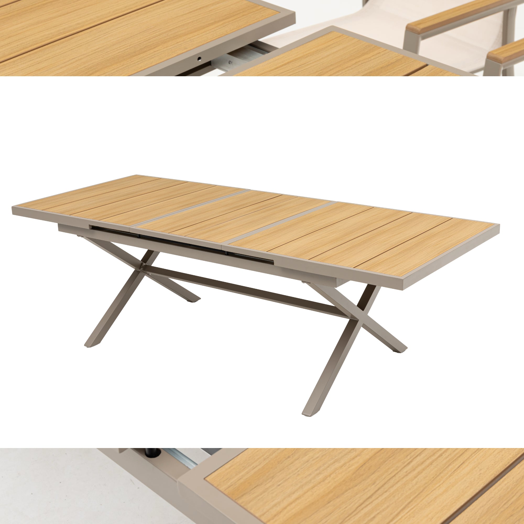 ☀️Summer Deal !☀️ 7-tlg. Dining Gruppe Meran XL Natur / Aluminium kombiniert mit Nonwood - Teak Look Elementen