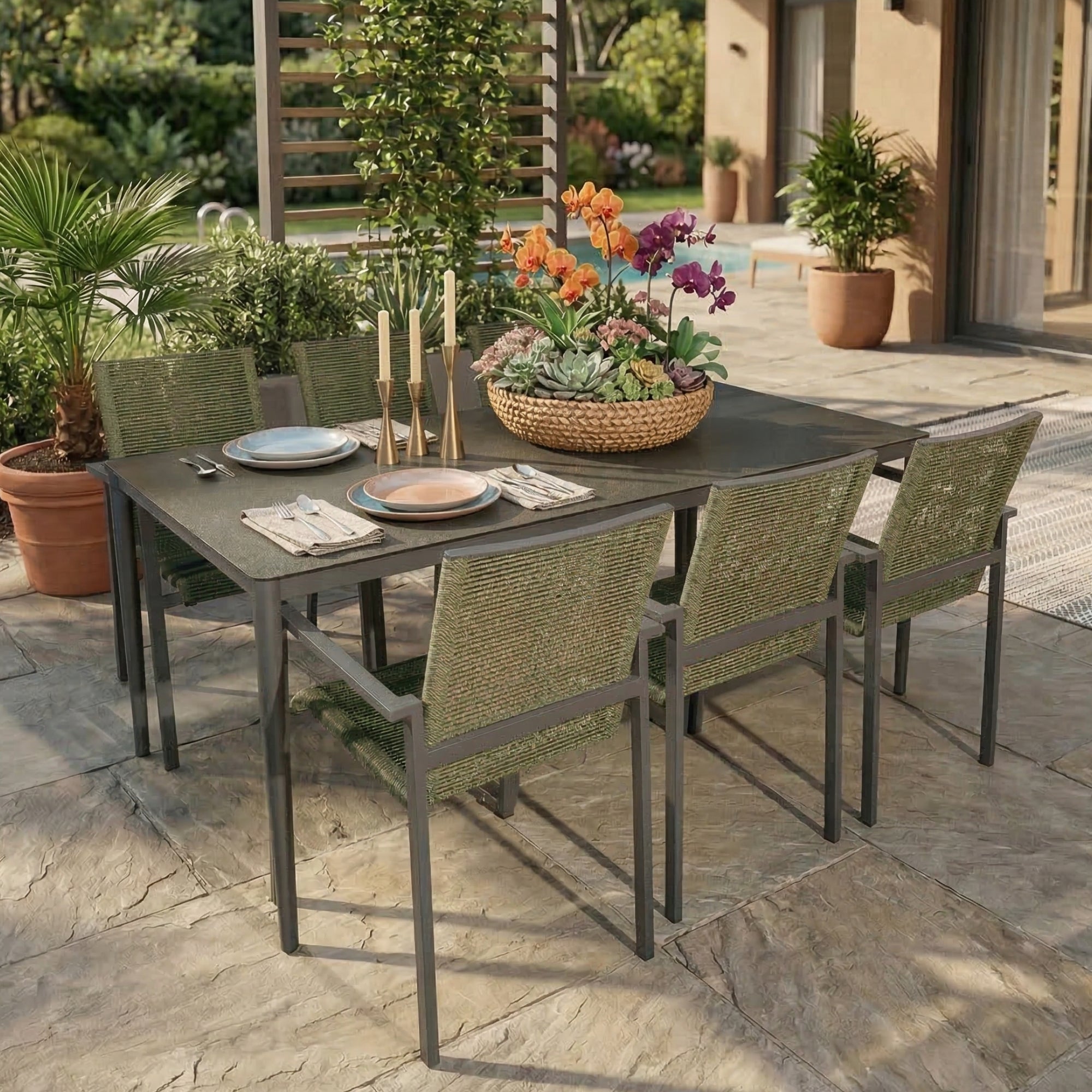 ☀️Summer Deal !☀️ Gartenmöbel Set ZOE / 6x Stapelsessel in Grün & 1x Palermo Tisch 180 × 90 × 76,5 cm