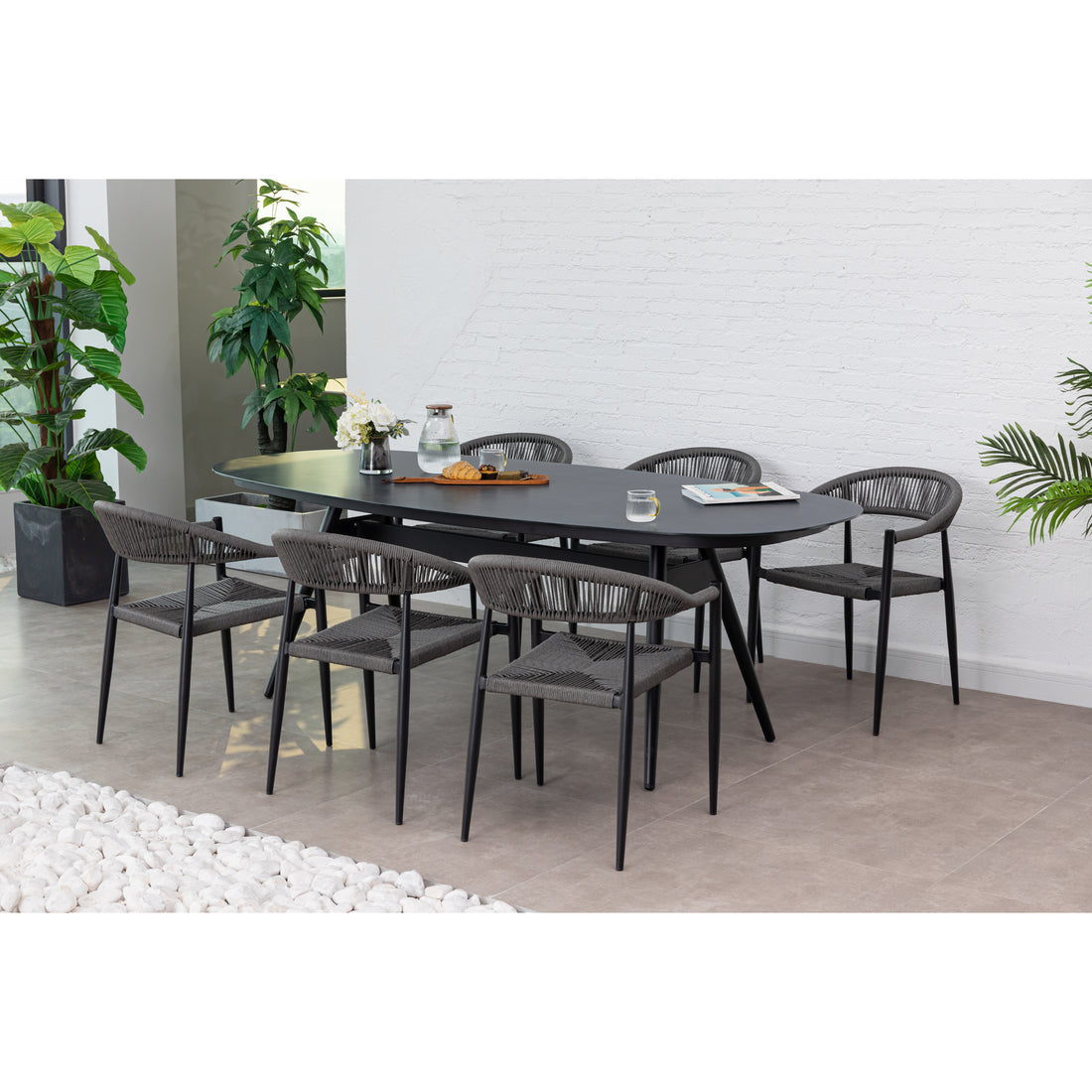 7 tlg. Alu / Polyrope Cord Dining Set Luis in grau inkl. Dining Tisch Puro
