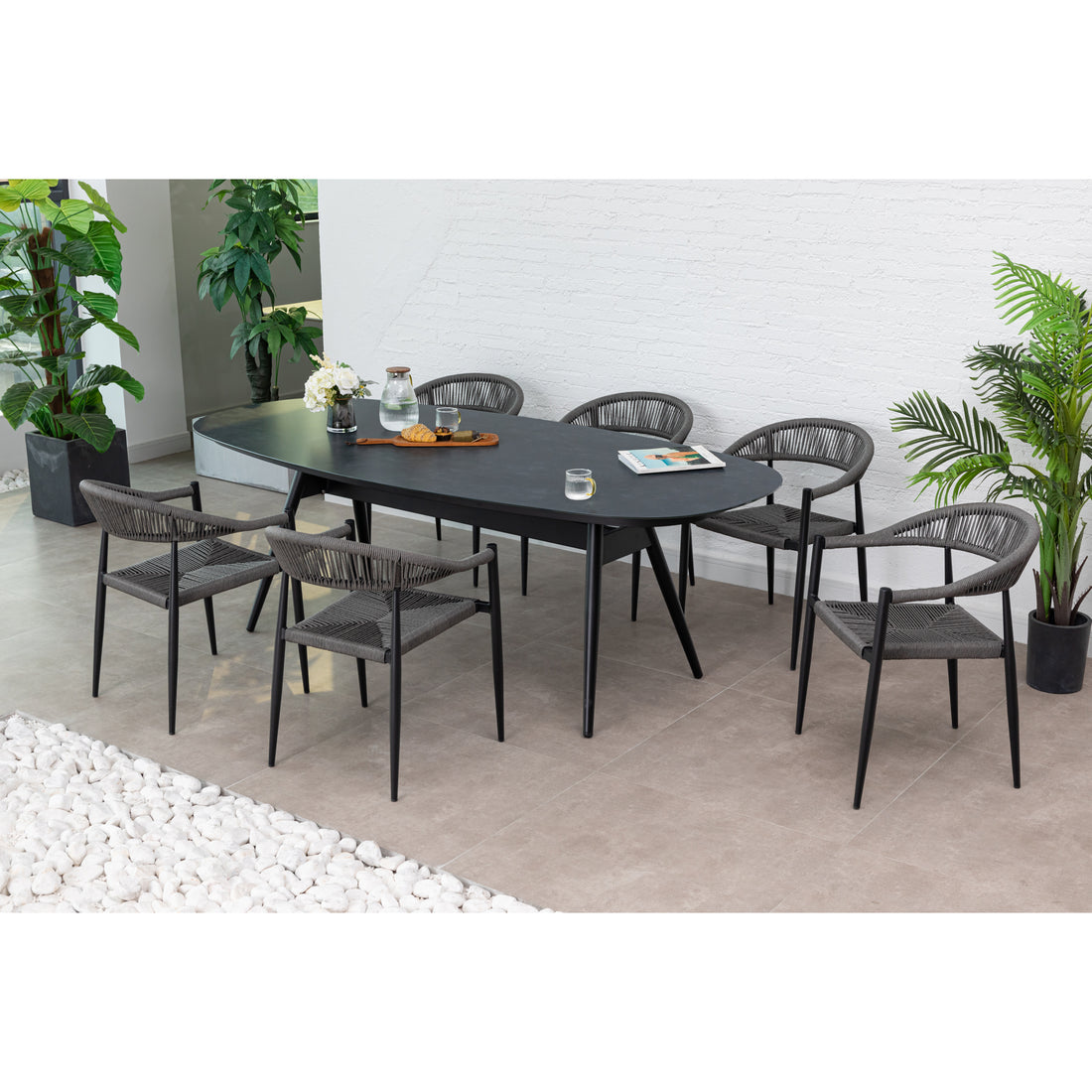 7 tlg. Alu / Polyrope Cord  Dining Set Luis in grau inkl.  Dining Tisch Puro