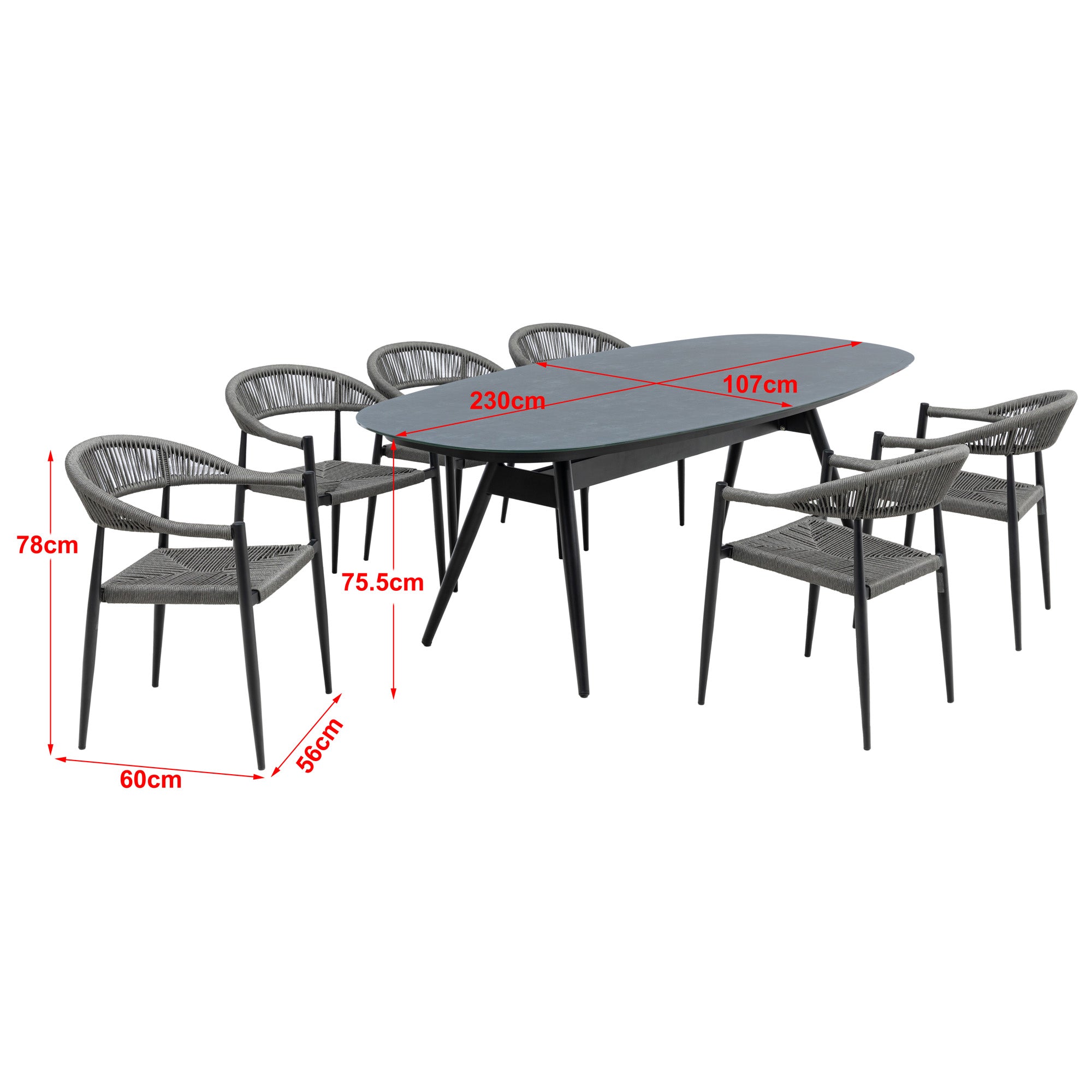 7 tlg. Alu / Polyrope Cord  Dining Set Luis in grau inkl.  Dining Tisch Puro