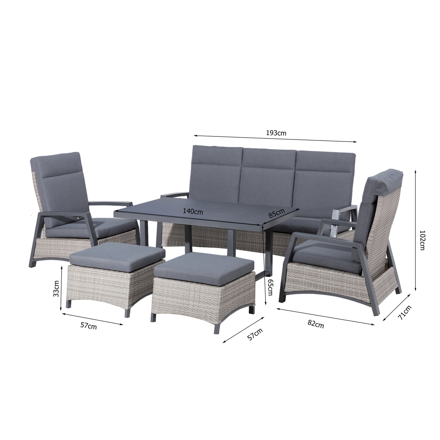 Salerno Designer Lounge Set Alu / Polyrattan alle Rückenteile stufenlos verstellbar