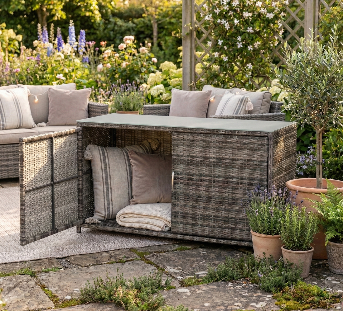 Kissenbox &amp; Sideboard in einem! Havanna Deluxe Moon Grey inkl. Abdeckung &amp; Glasplatte