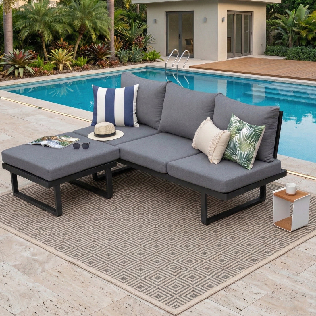 🌼FRÜHLINGS-ANGEBOT🌼 2 tlg. Luxus Alu Multifunktions- Lounge Set Tesoro inkl. Sonnenliege / Bank und Hocker