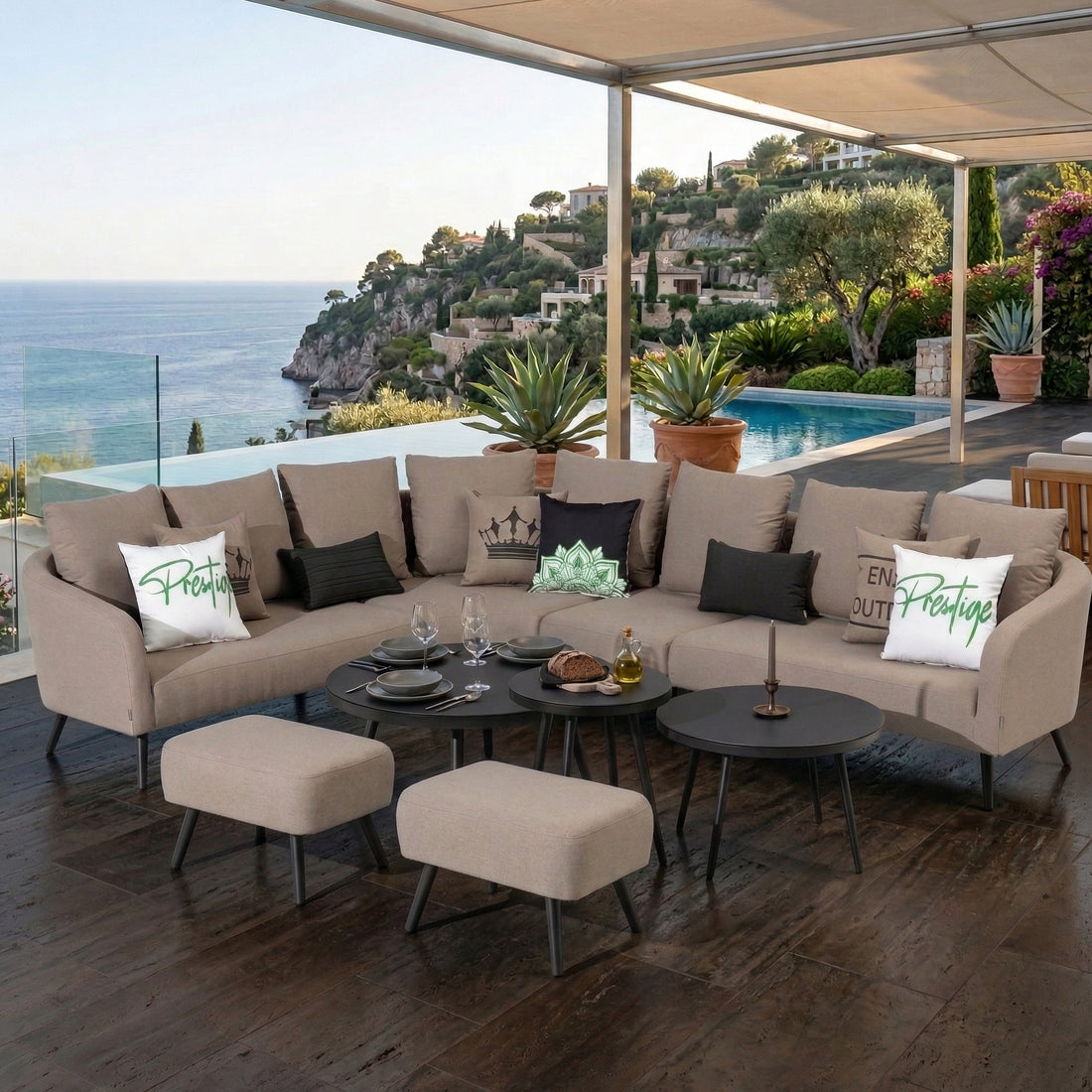 LUXUS PUR! Outdoor Lounge Set Riviera 100% wetterfest mit LIKA-TEX® Bezug sand