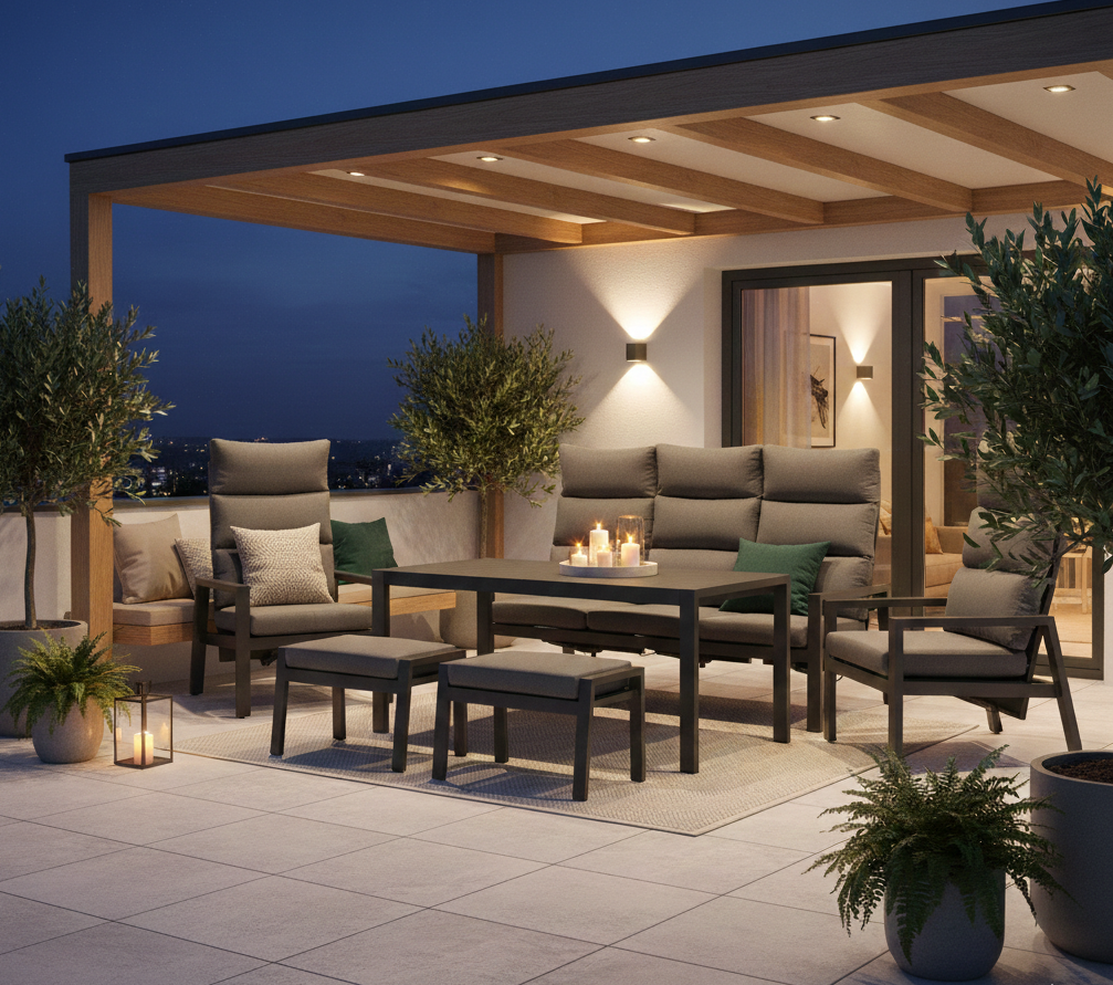 Business Class für den Garten: Dining Lounge Set Sundown / Rücken stufenlos verstellbar