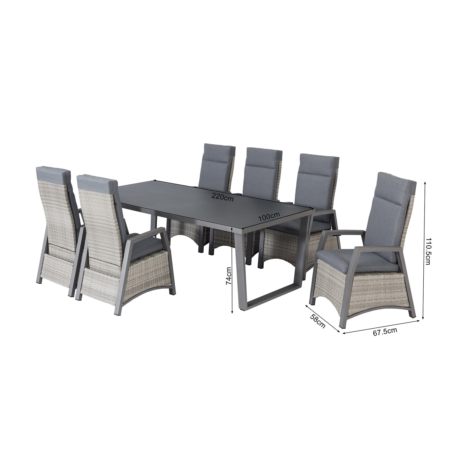 7 tlg. Essgruppe mit verstellbarer Rückenlehne Salerno XXL extra hoch Aluminium / Polyrattan