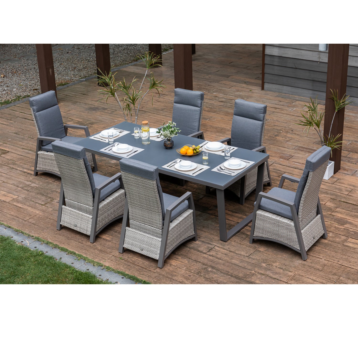 7 tlg. Essgruppe mit verstellbarer Rückenlehne Salerno XXL extra hoch Aluminium / Polyrattan