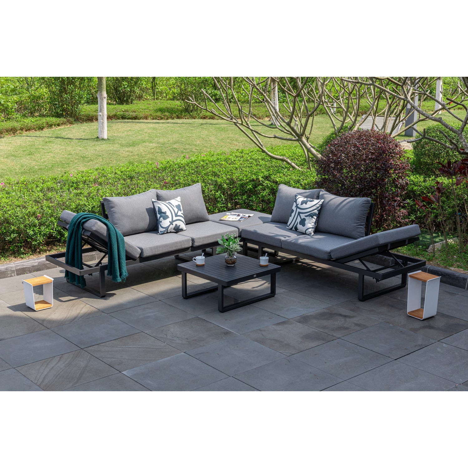 4 tlg. Luxus Alu Multifunktions- Lounge Set Tesoro inkl. Sonnenliege und Hocker