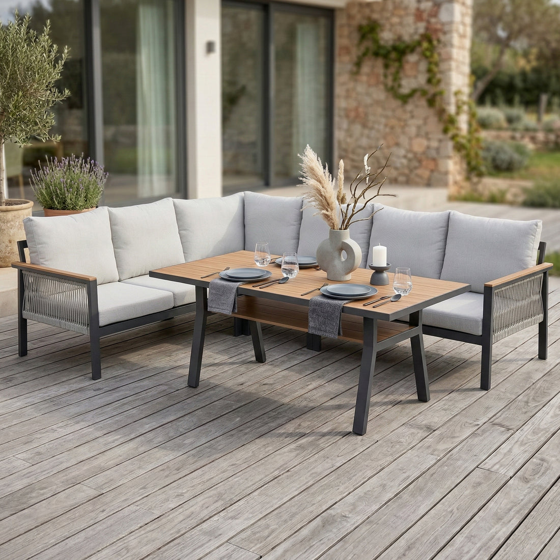 Dining Lounge Set Canora / Aluminium, Rope & Elemente in Holzoptik