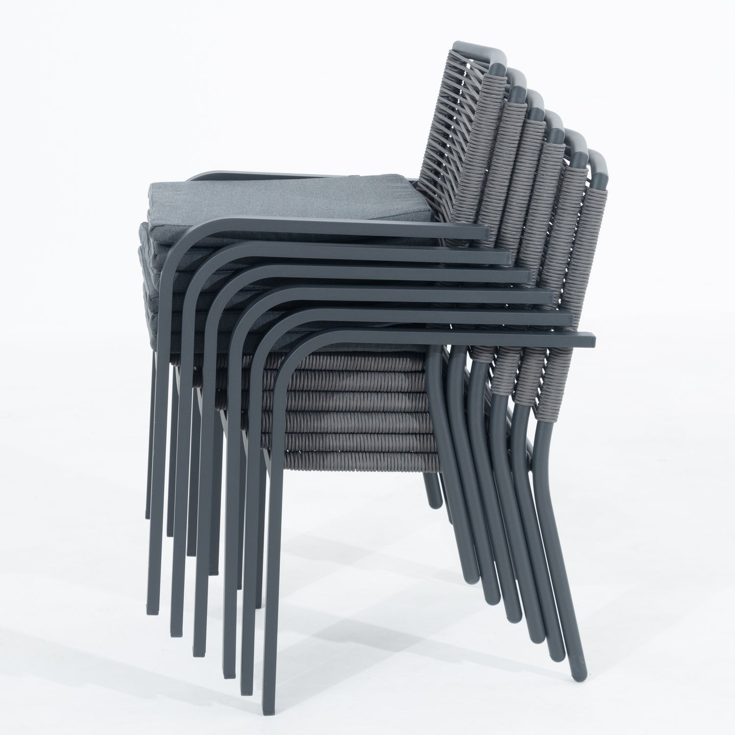17 tlg. Alu / Rope Essgruppe Lexi grau + Trento XXL Tisch - bestehend aus: 8x Lexi Stapelsessel inkl. Sitzkissen + XXL Aluminium Tisch Trento ca. 152x152 cm