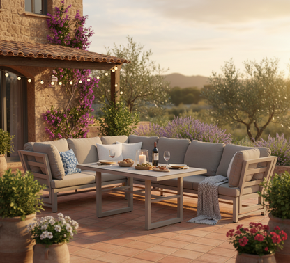 Outdoor Dining Lounge Set Dune 100% wetterfest LIKA-TEX® Bezug in Sand / de luxe Liegefunktion