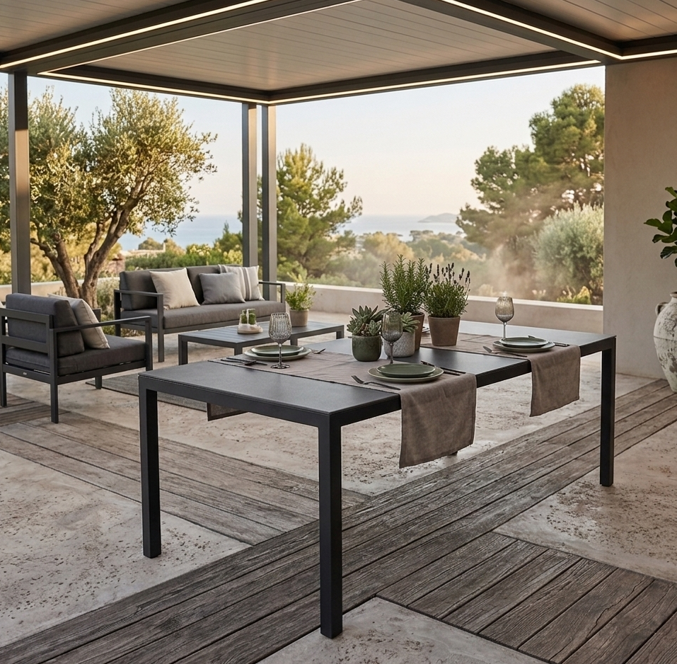 ☀️ Der Sommer kommt...!☀️    Aluminium Dining Tisch Luna Stellar 220 x 100 x 74cm grau / Dekorglas Tischplatte
