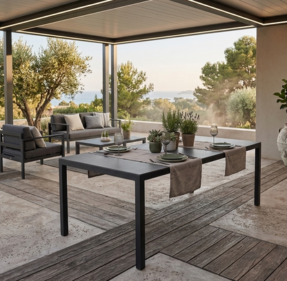 ☀️Summer Deal !☀️ Aluminium Dining Tisch Luna Stellar 220 x 100 x 74cm grau / Dekorglas Tischplatte