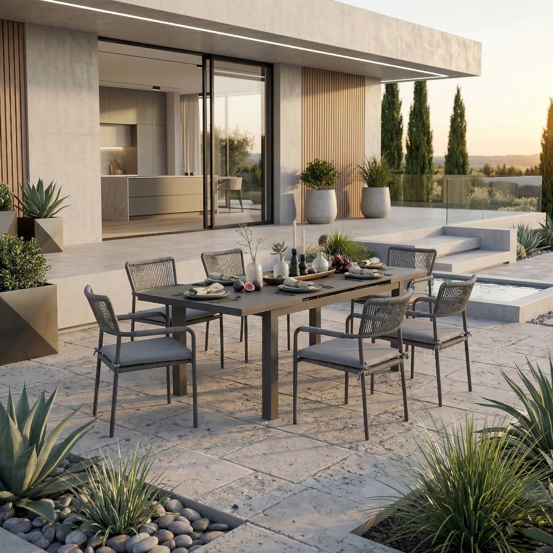 Premium Essgruppe Madri Nero / 6x Stapelsessel &amp; Sintered Stone Ausziehtisch