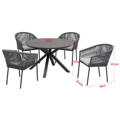 5 tlg Dining Set / Essgruppe Manhattan bestehend: 4 x Stapelsessel Rope / Aluminium und 1 x Tisch rund Ø120cm