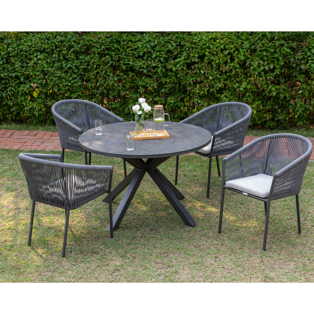 5 tlg Dining Set / Essgruppe Manhattan bestehend: 4 x Stapelsessel Rope / Aluminium und 1 x Tisch rund Ø120cm