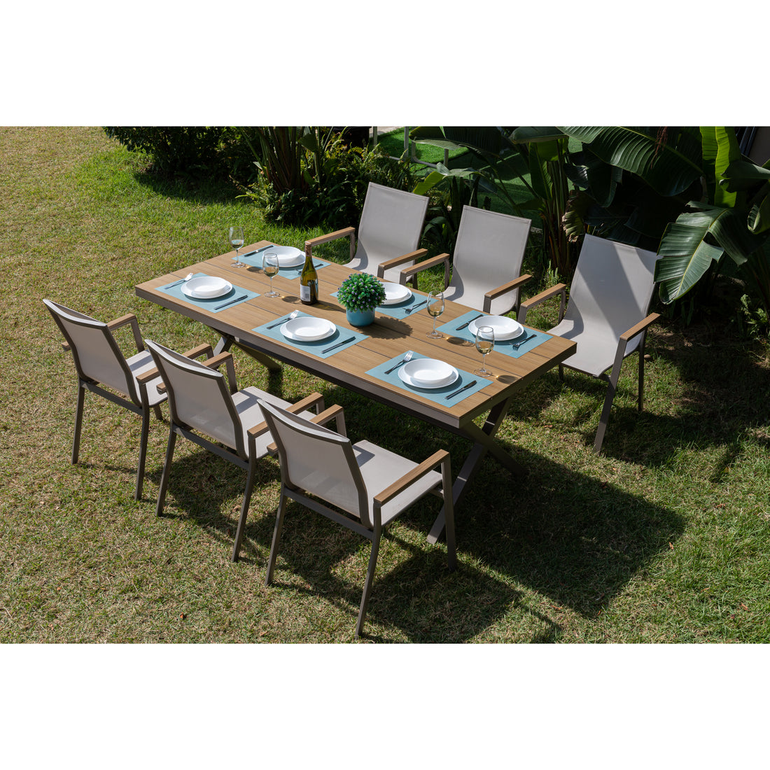 7 tlg. Essgruppe Meran natur / Aluminium kombiniert mit Nonwood Teak Look Elementen