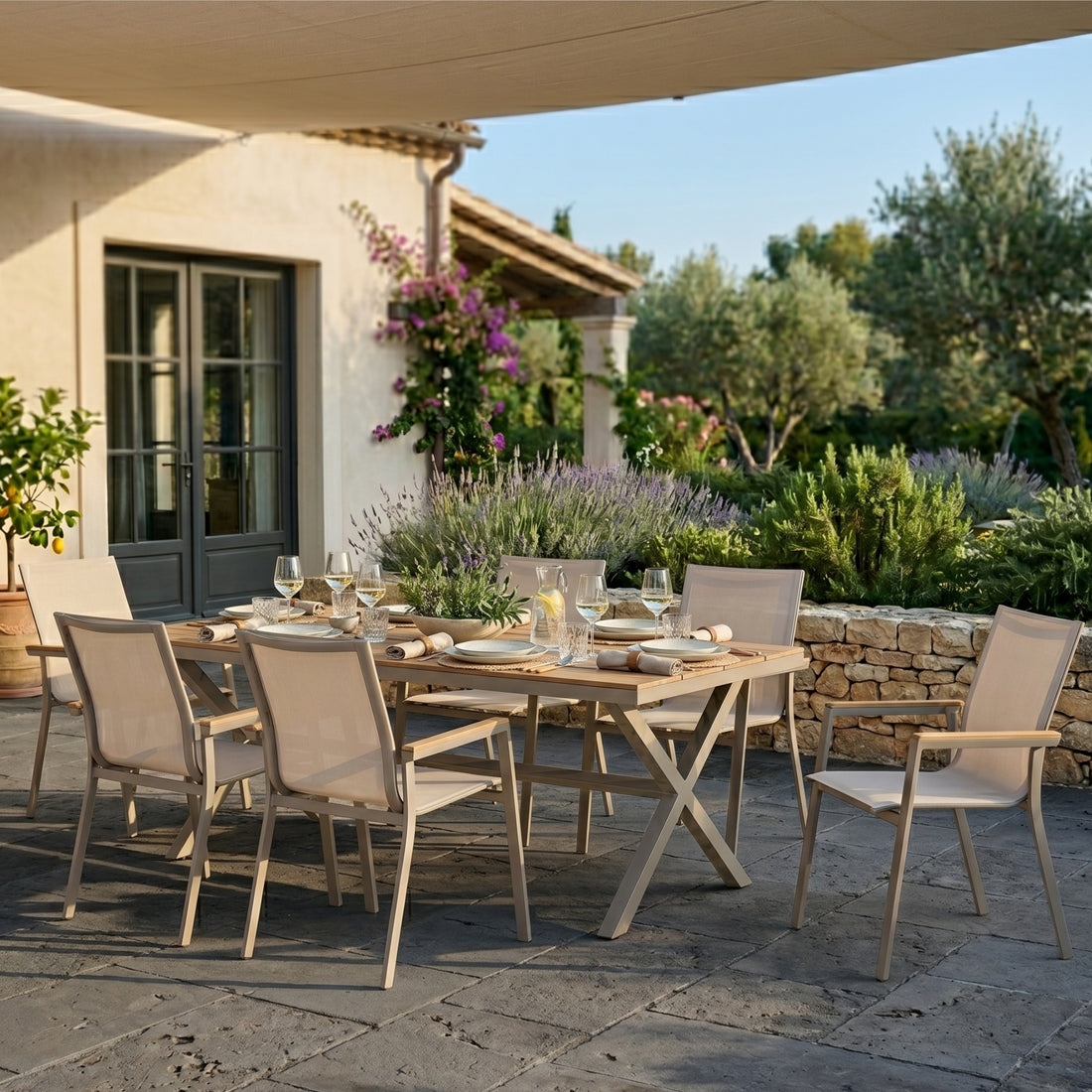 ☀️ Der Sommer kommt...!☀️ 7 tlg. Essgruppe Meran natur / Aluminium kombiniert mit Nonwood Teak Look Elementen