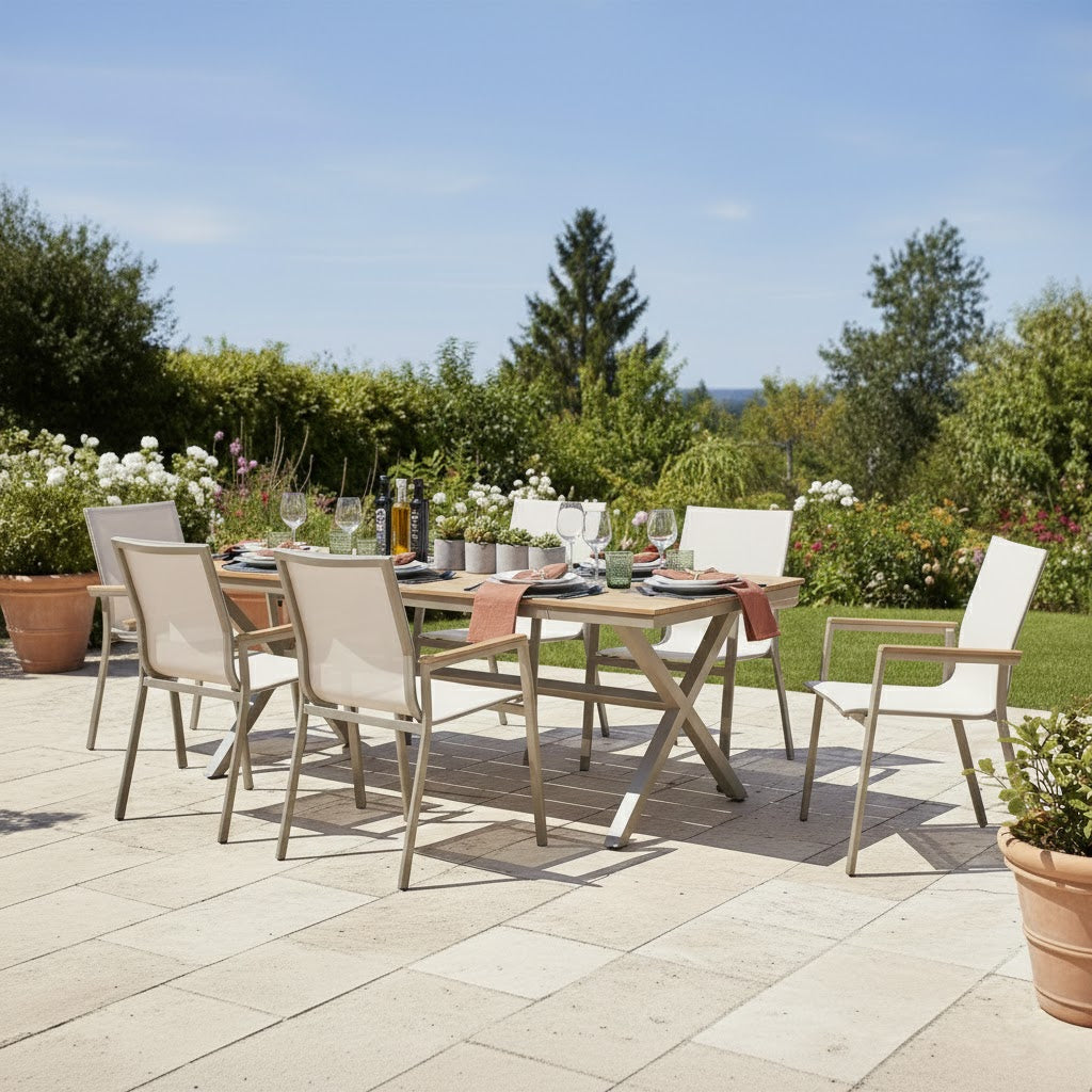 7 tlg. Essgruppe Meran natur / Aluminium kombiniert mit Nonwood Teak Look Elementen