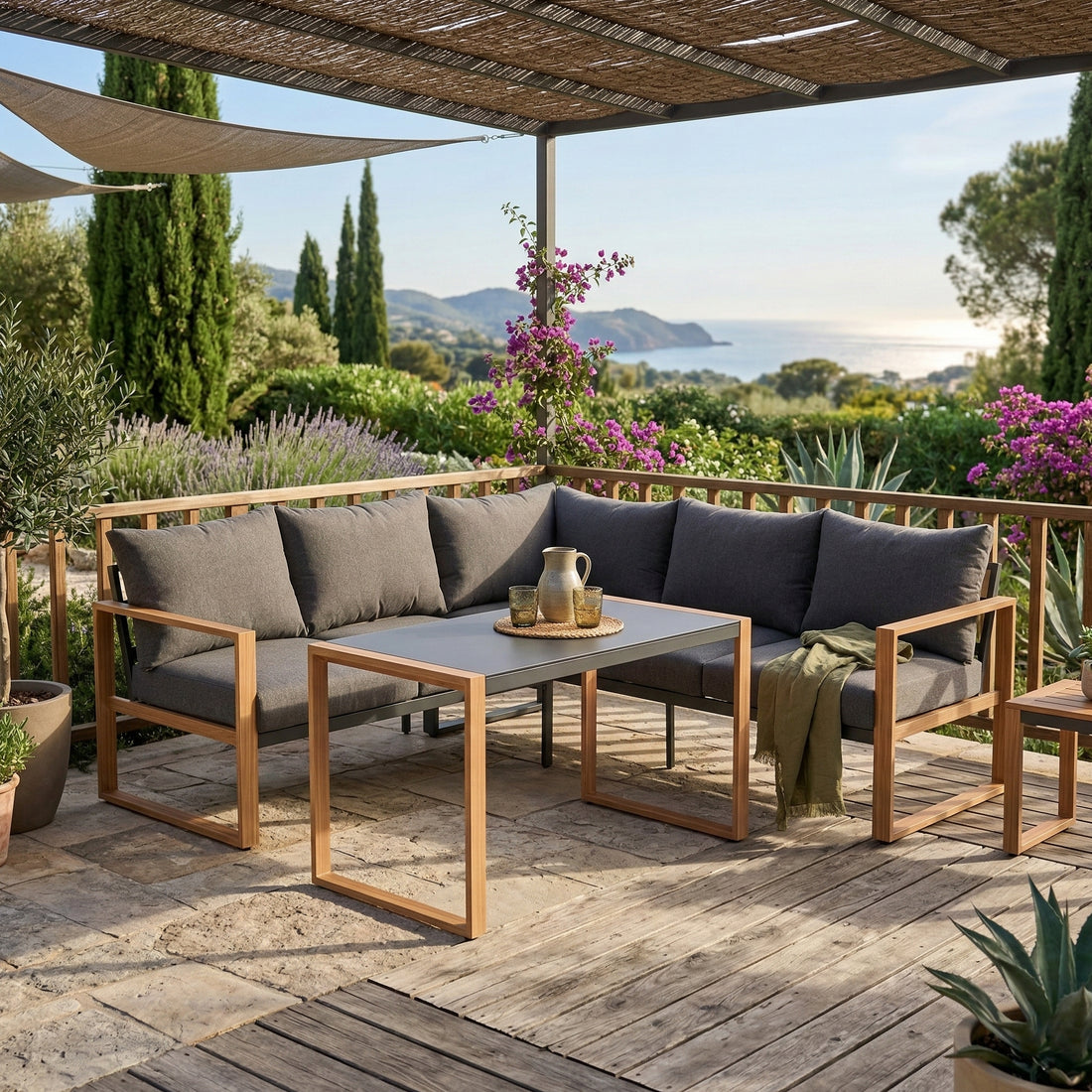 🌼FRÜHLINGS-ANGEBOT🌼  Moderne Aluminium Eck Lounge Luzern in edler Teak-Holzoptik