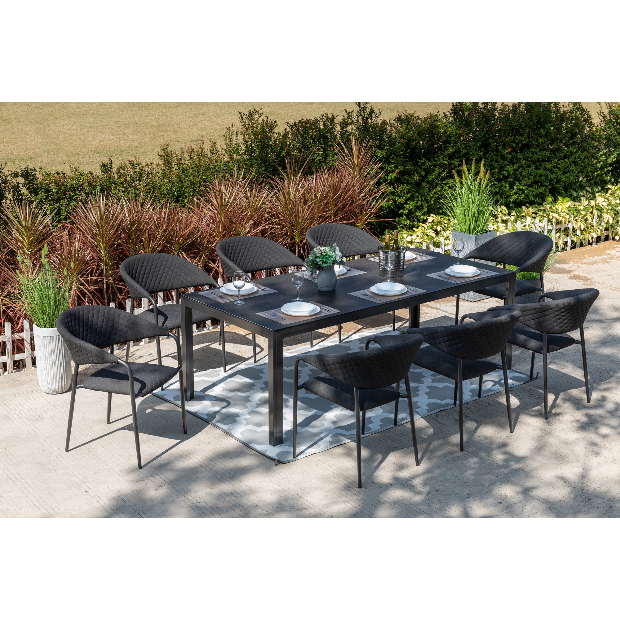 PURE PREMIUM! 9 tlg. Dining Set Puro XXL - bestehend aus: Tisch Luna Stellar + 8 x Stapelsessel Puro 100% wetterfest LIKA-TEX® Bezug Lava