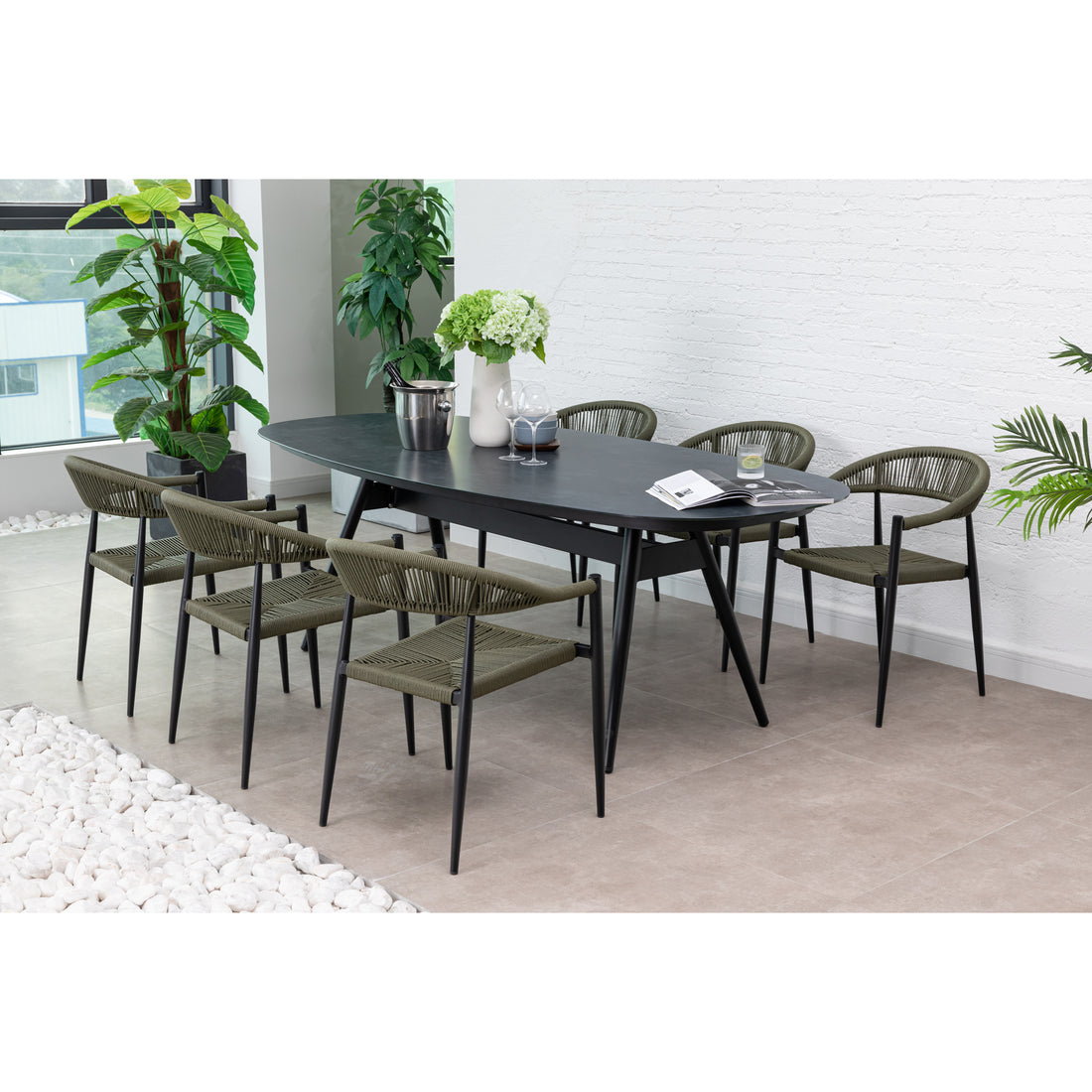 7 tlg. Alu / Polyrope Cord Dining Set Luis in grün inkl. Dining Tisch Puro