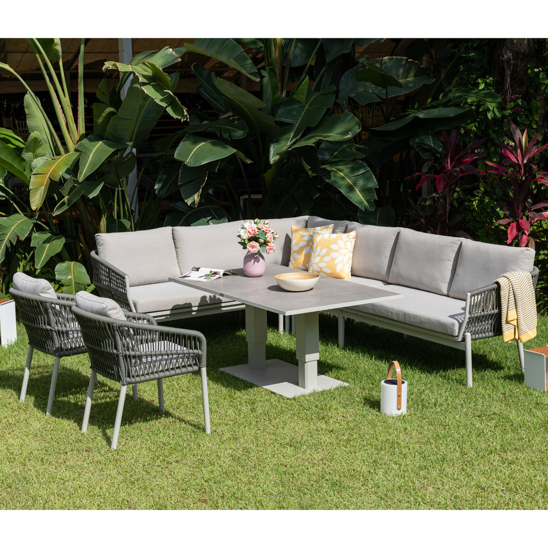 XXL Luxus: Aluminium / Rope Dining Ecklounge Set Solara inkl. 2 Sessel und höhenverstellbare Tisch variabel stellbar