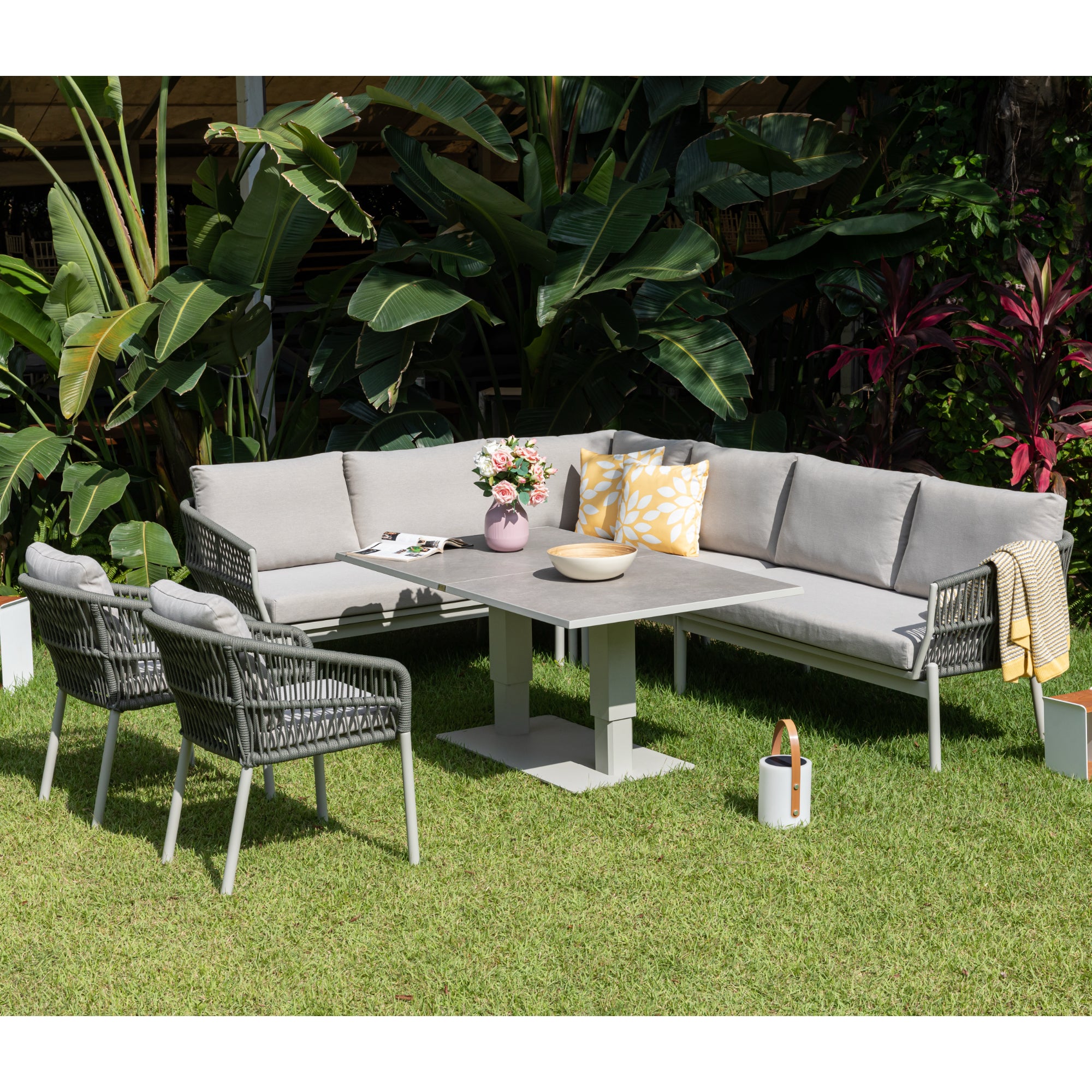 XXL Luxus: Aluminium / Rope Dining Ecklounge Set Solara inkl. 2 Sessel und höhenverstellbare Tisch variabel stellbar
