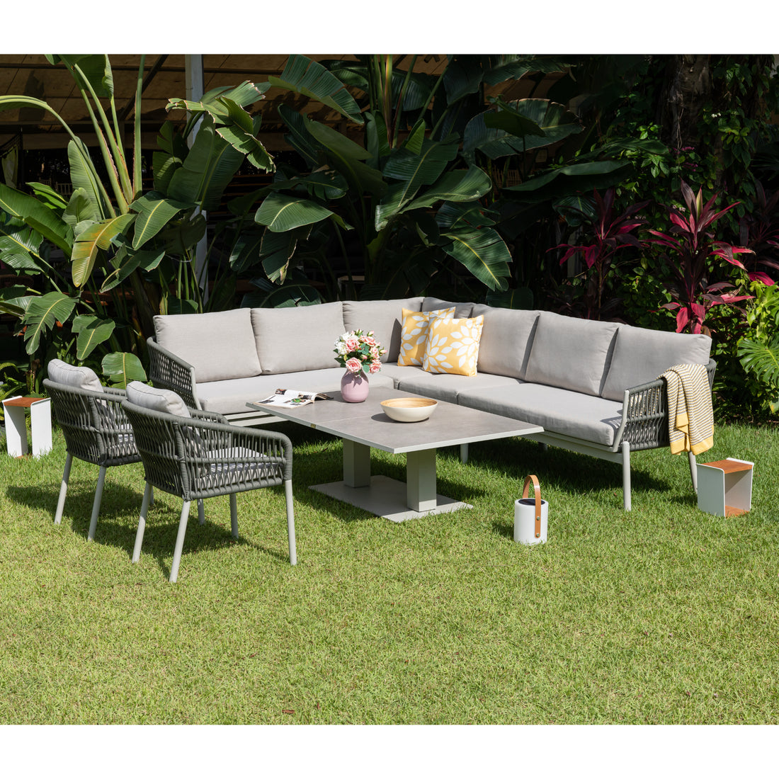 XXL Luxus: Aluminium / Rope Dining Ecklounge Set Solara inkl. 2 Sessel und höhenverstellbare Tisch variabel stellbar