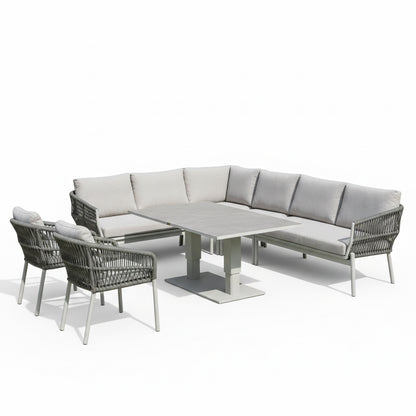 XXL Luxus: Aluminium / Rope Dining Ecklounge Set Solara inkl. 2 Sessel &amp;  höhenverstellbare Tisch variabel stellbar