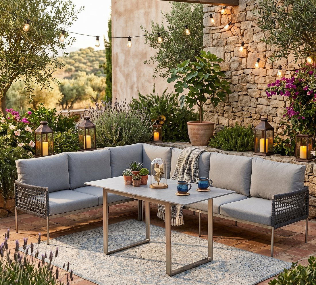 Premium Gartenmöbel Set Edelstahl / Rope Dining Eck Lounge Set Vogue