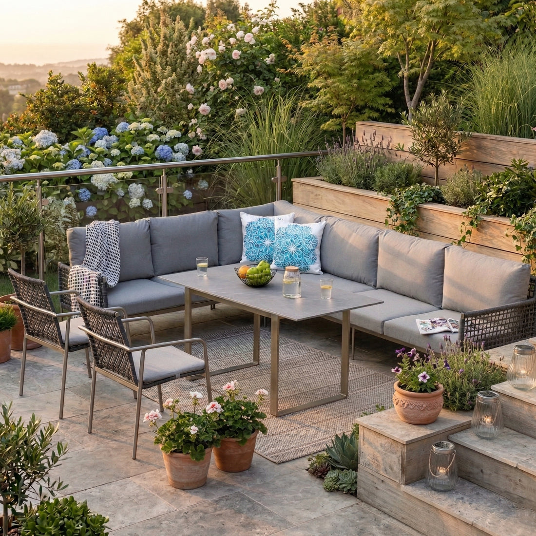 ☀️⛱️🏝️ DEAL OF THE WEEK ☀️⛱️🏝️  Premium Gartenmöbel Set Edelstahl / Rope Dining Eck Lounge Set Vogue inkl. 2 Sessel
