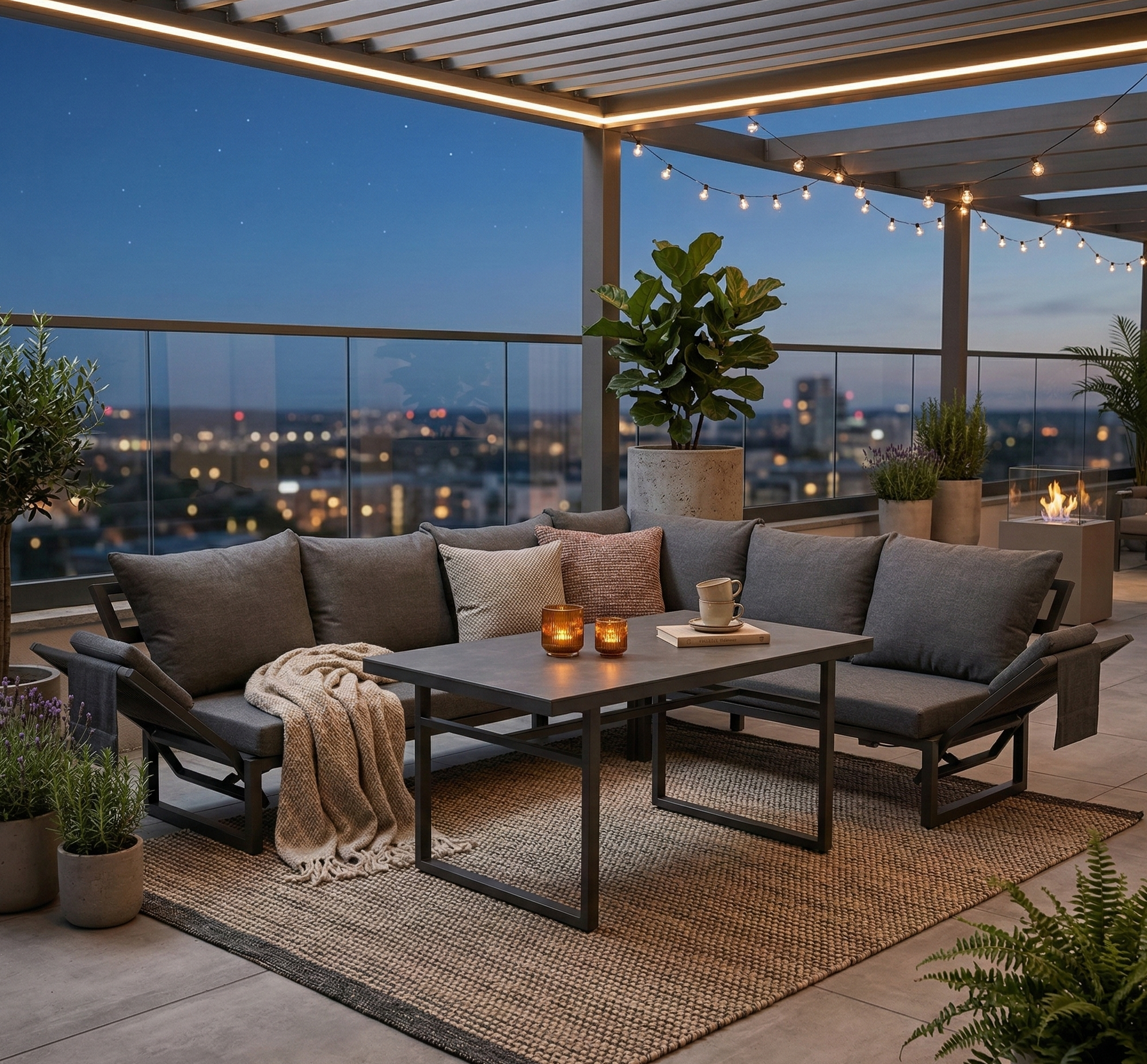 PREMIUM! Alu / Polyrope Cord Dining Ecklounge Set Madri Nero Deluxe 3in1 Funktion variabel stellbar absenkbare Armlehnen