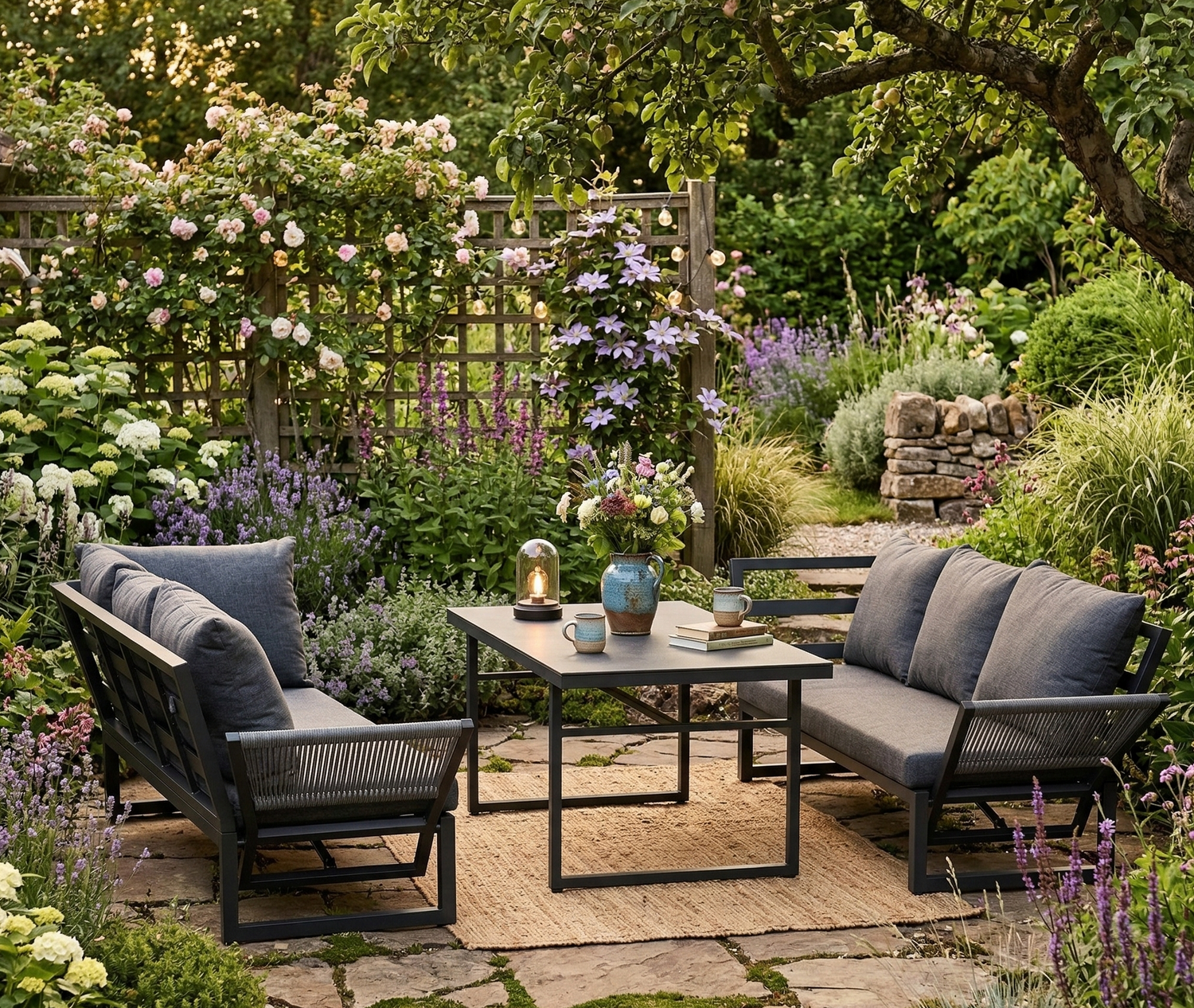 PREMIUM! Alu / Polyrope Cord Dining Ecklounge Set Madri Nero Deluxe 3in1 Funktion variabel stellbar absenkbare Armlehnen
