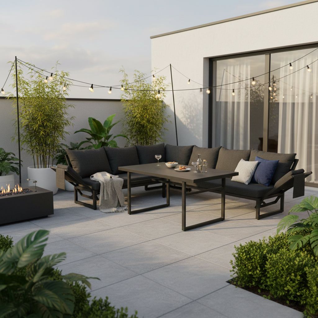 Alu / Polycord Rope Dining Ecklounge Set Madri Nero Deluxe 3in1 Funktion variabel stellbar absenkbare Armlehnen