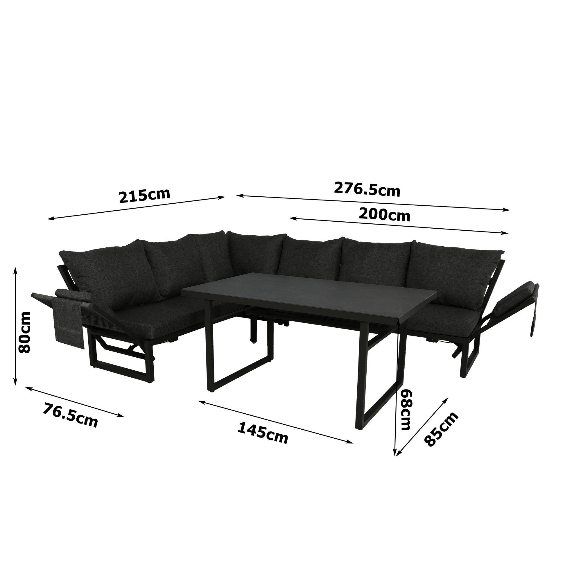 Alu / Polycord Rope Dining Ecklounge Set Madri Nero Deluxe 3in1 Funktion variabel stellbar absenkbare Armlehnen