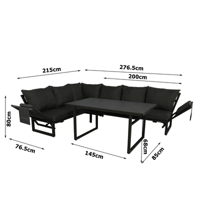 Alu / Polycord Rope Dining Ecklounge Set Madri Nero Deluxe 3in1 Funktion variabel stellbar absenkbare Armlehnen