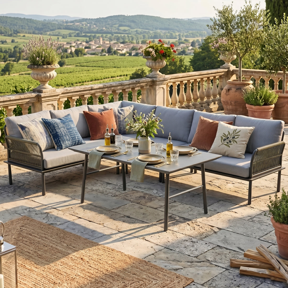 Premium! Dining Eck Lounge Set Madri Verde / Aluminium / Polycord Rope