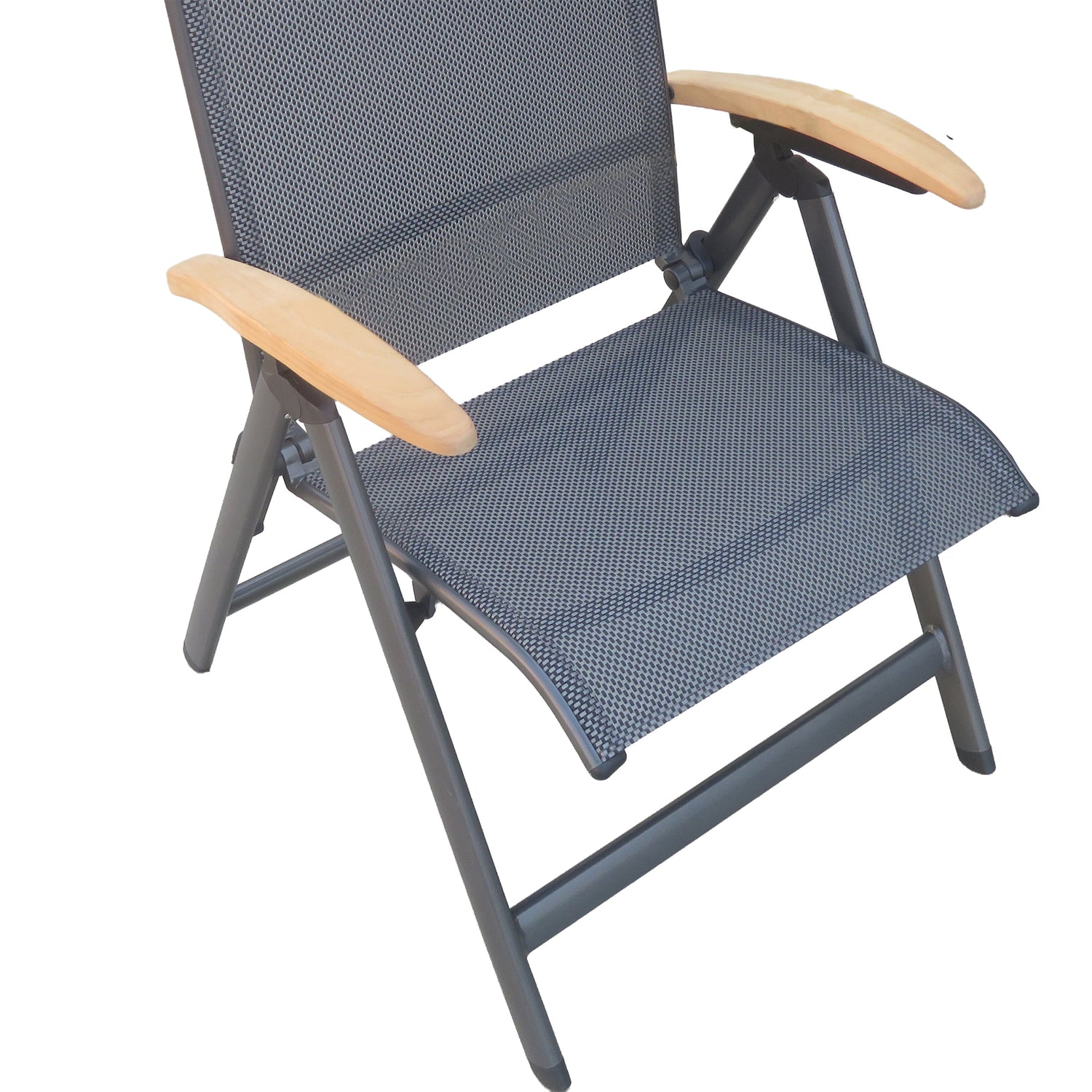 Alu / Sling-Textilen Klappsessel Dakar mit TEAK Armlehnen in anthrazit / mixed taupe