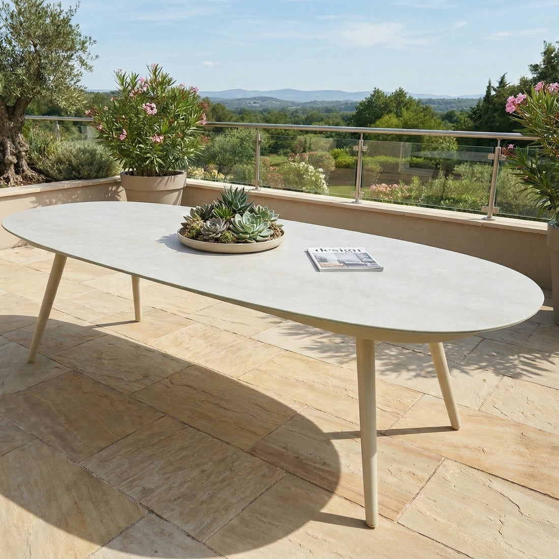 Aluminium Ovaler Esstisch Puro - 230x107cm Dekorglas in pearl/ nature