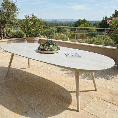 LUXUS! Dining Set PURO – 365 Tage draußen leben - 6 x Puro Stapelsessel in PEARL &amp; 1 x Puro Tisch