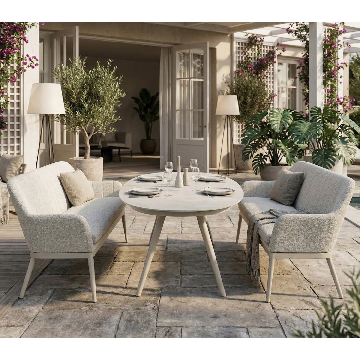 Outdoor Alu Dining Set Evara / VELUVÉ by LIKA-TEX® pearl - 100% wetterfest