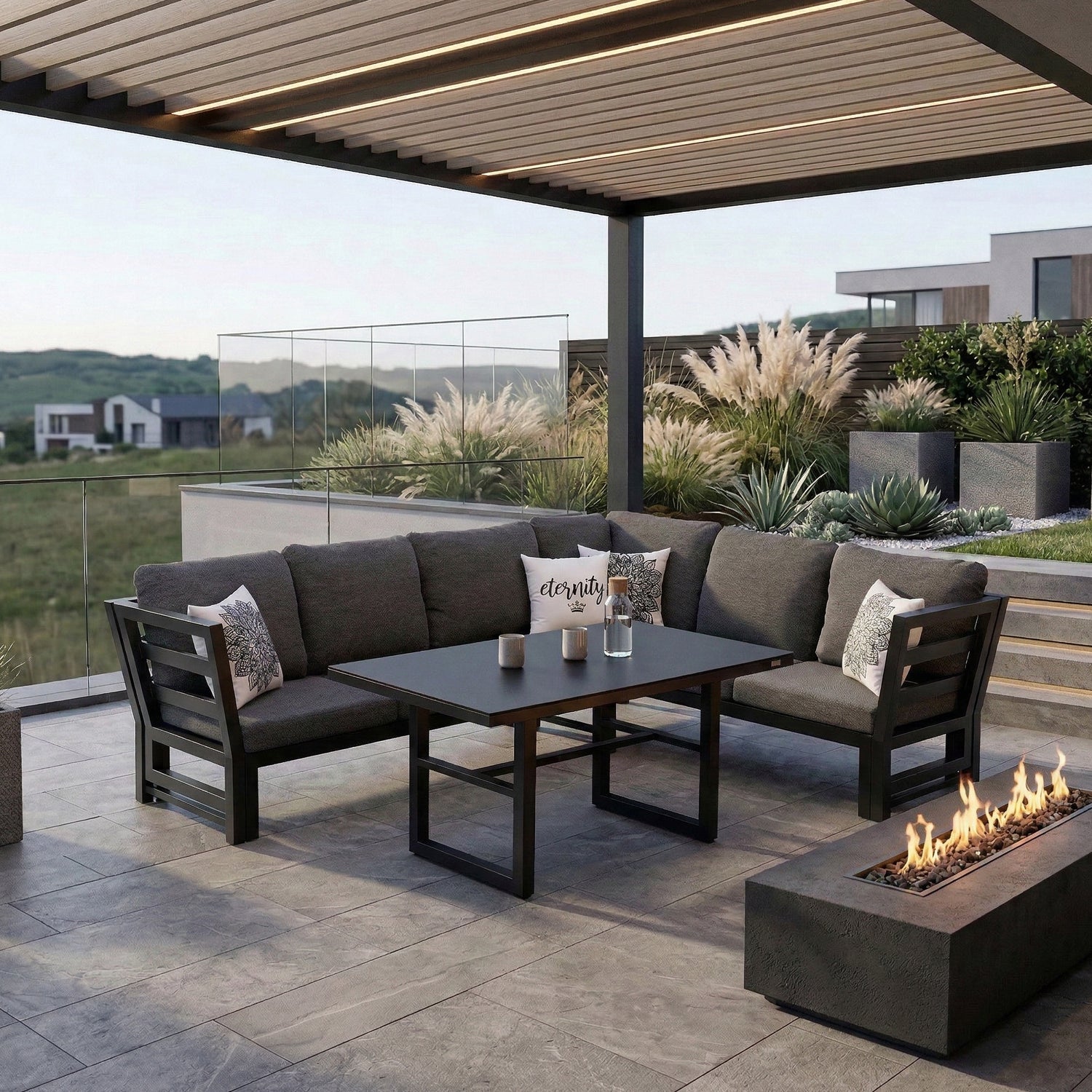Alu Dining Lounge Set Kaprun 3in1 Funktion mit 100% wetterfestem VELUVÉ LIKA-TEX® Bezug onyx
