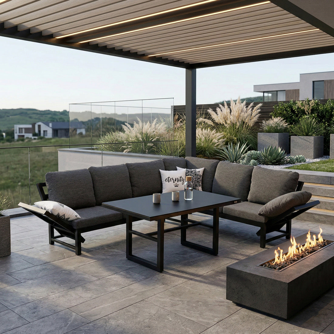 Alu Dining Lounge Set Kaprun 3in1 Funktion mit 100% wetterfestem VELUVÉ LIKA-TEX® Bezug onyx