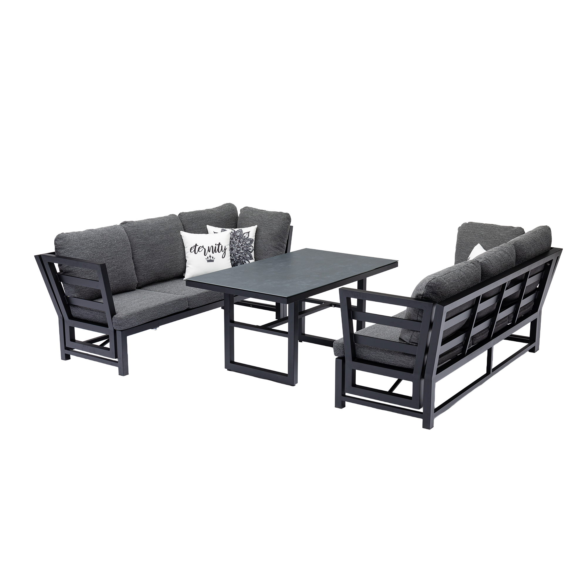 Alu Dining Lounge Set Kaprun 3in1 Funktion mit 100% wetterfestem VELUVÉ LIKA-TEX® Bezug onyx