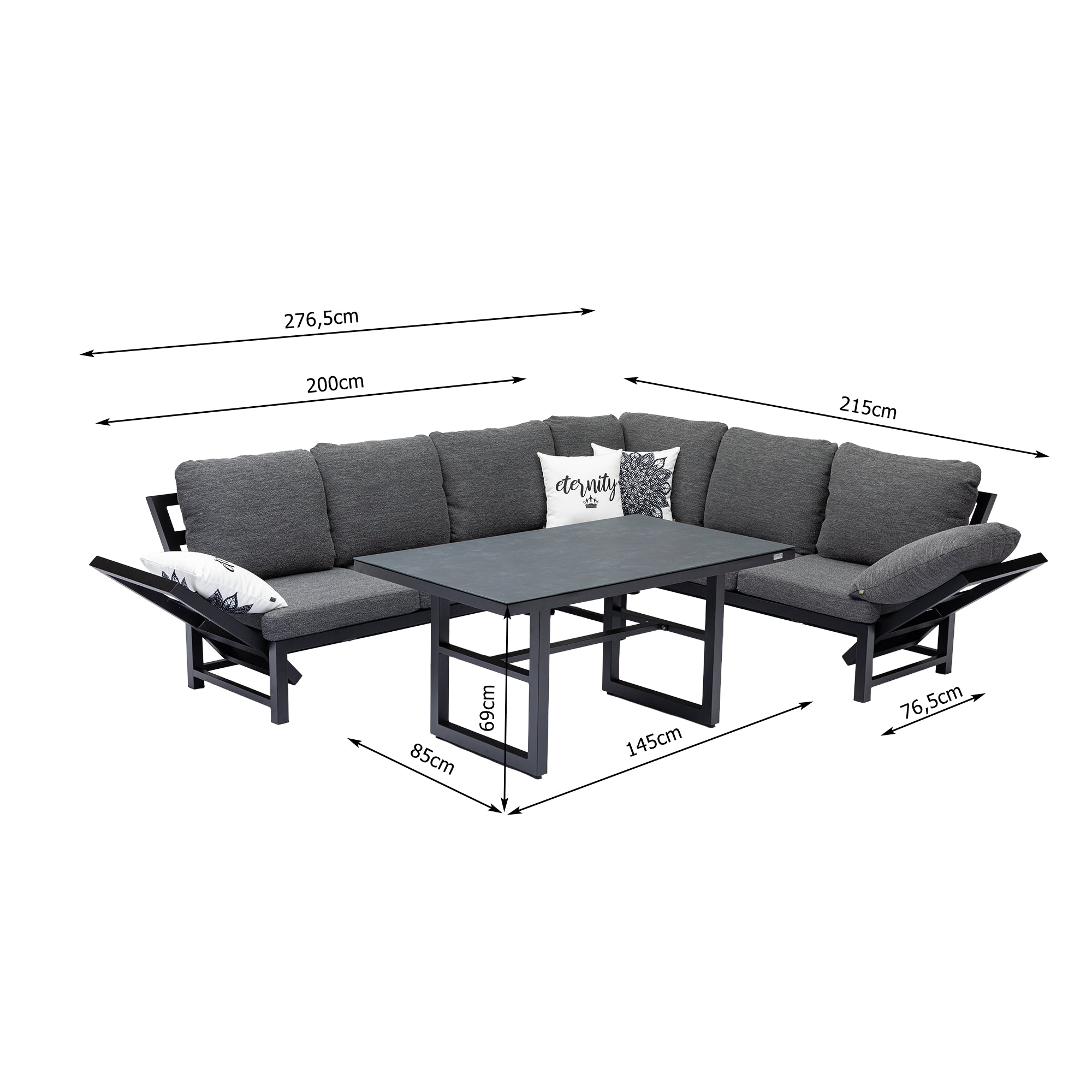 Alu Dining Lounge Set Kaprun 3in1 Funktion mit 100% wetterfestem VELUVÉ LIKA-TEX® Bezug onyx