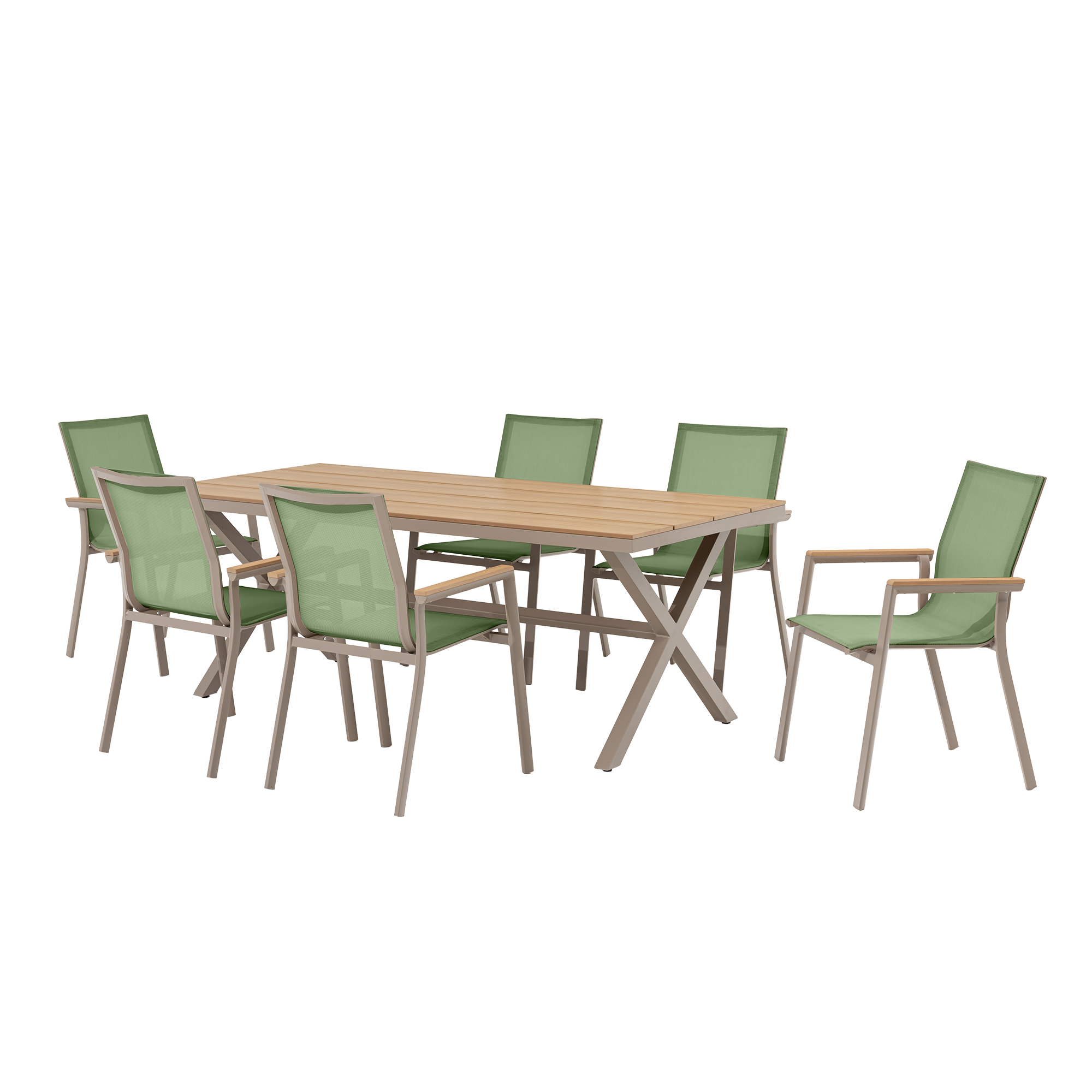 7-tlg. Dining Gruppe Meran Matcha / Aluminium kombiniert mit Nonwood Teak Look Elementen
